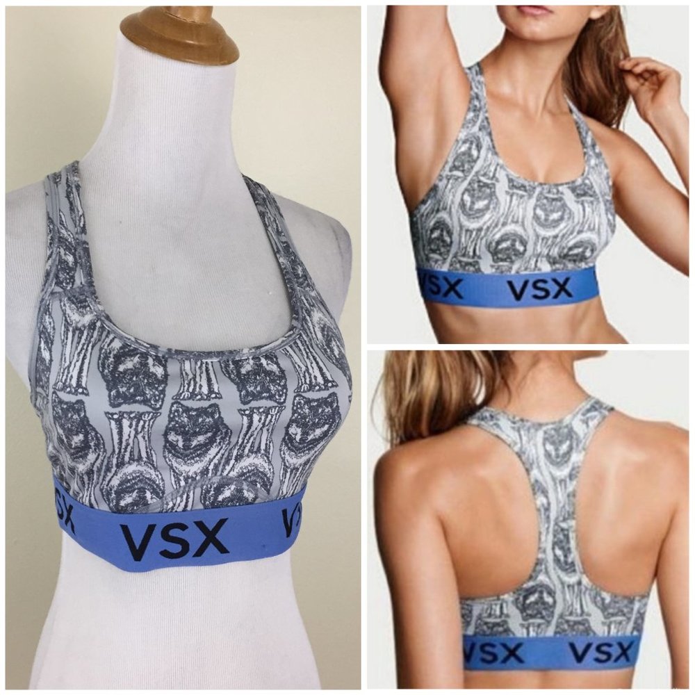 VICTORIAS SECRET SPORT The Player Standing Wolf Print Gray Blue Sports Bra